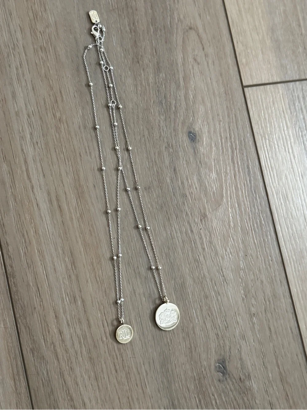 Lauren Ralph Lauren Silver Tone Engraved Logo Two-Row Pendant Necklace extender